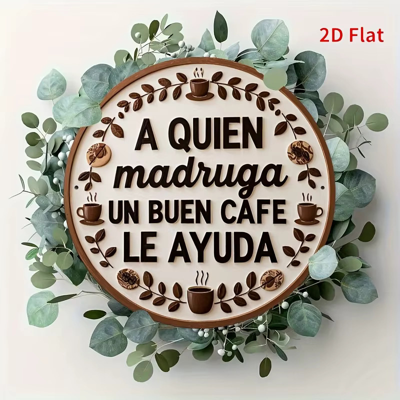 Rundes Vintage-Metallblechschild von Potdemiel mit spanischem Zitat A Quien Madruga Un Buen Cafe Le Ayuda, mehrfarbige Wanddekoration im Bauernhaus-Stil, Durchmesser: 20 cm - Bild 3