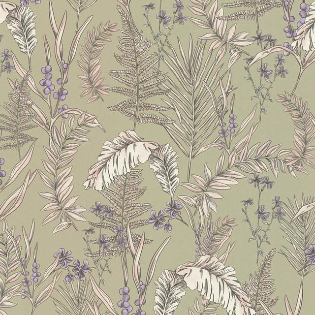 e-Delux Vlies Tapete Floral Botanical in Grau, Beige und Lila, Matt, 0,53 m x 10,05 m - Bild 1