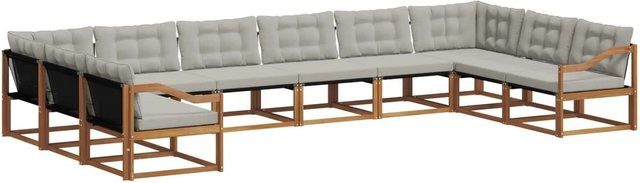 vidaXL 10-tlg. Outdoor-Sofagarnitur aus Akazienholz mit Textilene und Kissen in Natur und Hellgrau - Bild 1