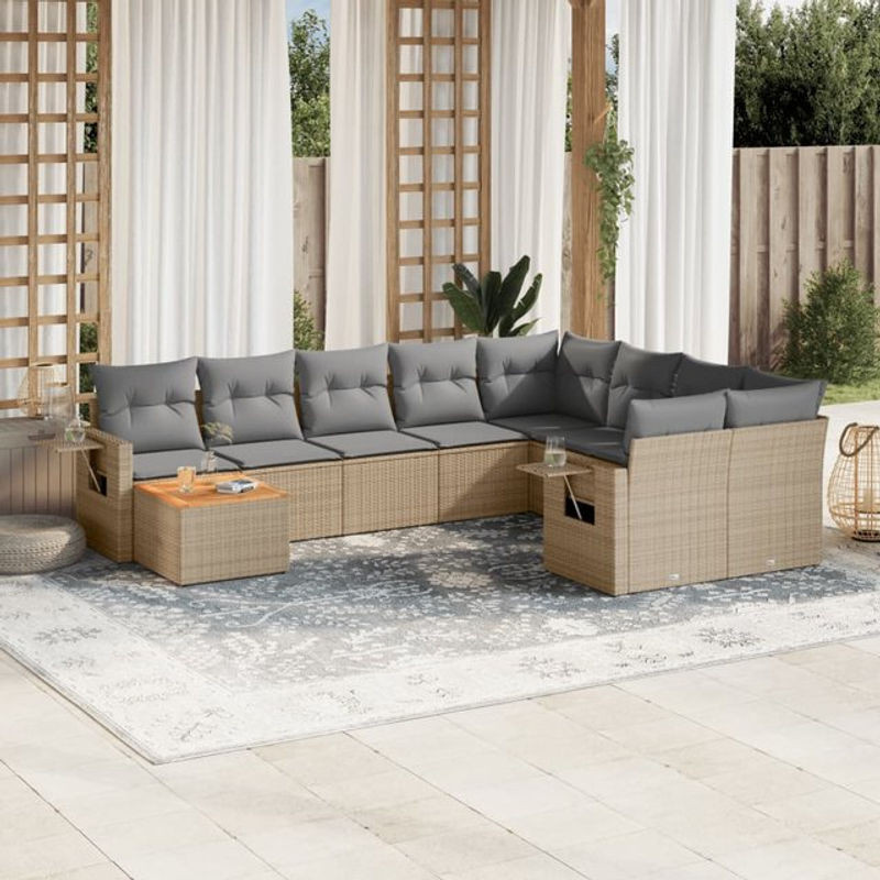 Vidaxl Gartenmöbel-Set aus Rattan und Holz mit Kissen, 10-teilig, Beige und Grau, modern - Bild 1