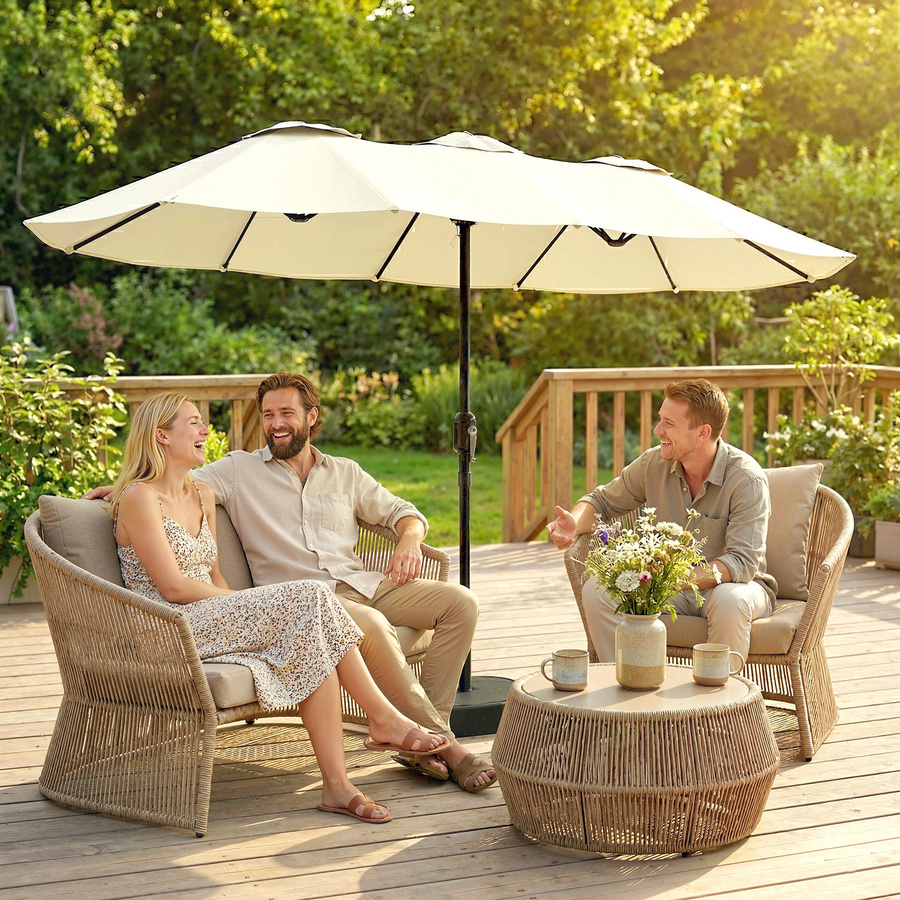 Outsunny Doppelseitiger Gartenschirm Beige mit Fuß und Sandsäcken, B/H: 3 x 1,5 m, UPF 50+ mit Kurbel und Schutzhülle - Bild 2