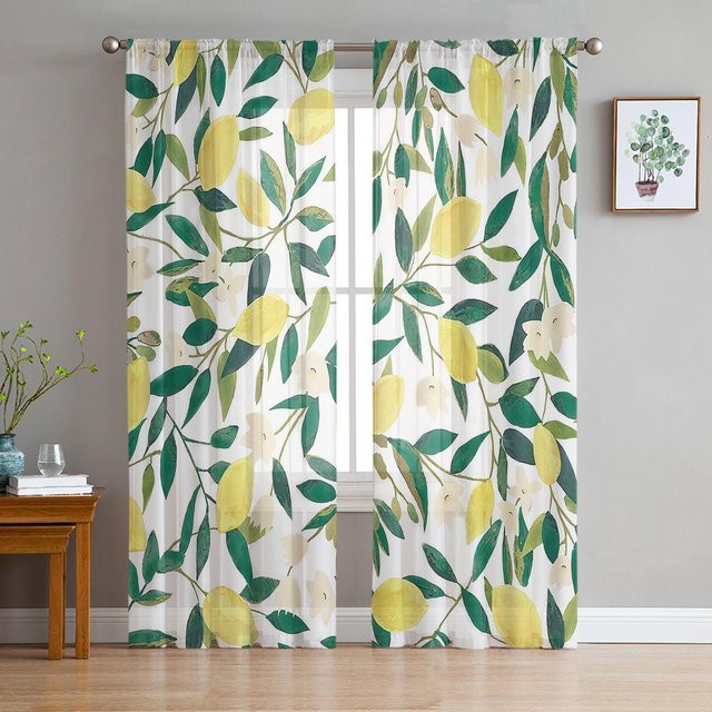Transparente Tüll-Vorhänge mit Zitronenblatt- und Blumen-Aquarellmuster für Wohnzimmer und Küche, 2er-Set, Farbe: Transparent/Mehrfarbig, Breite: 135 cm, Höhe: 115 cm - Bild 1