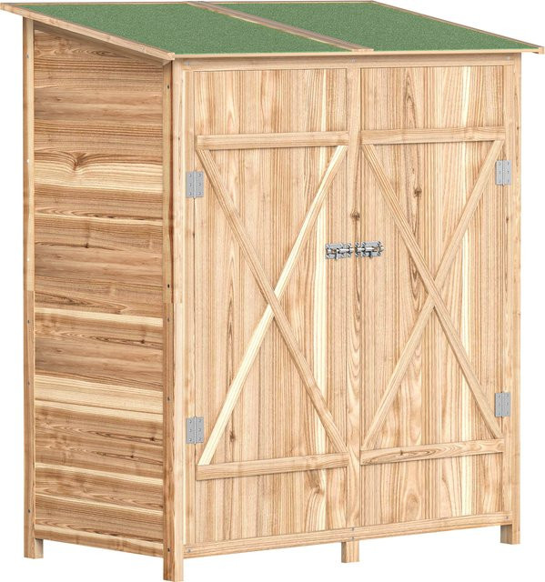 Outsunny Gartenschrank aus Holz in Braun, wetterfester Geräteschuppen mit Pultdach und abschließbarer Doppeltür, B/T/H: 140 x 75 x 157 cm - Bild 1