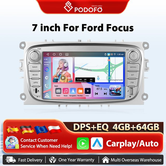 Podofo 7 Zoll Android Auto und Apple CarPlay Multimedia Radio mit GPS, WLAN, Bluetooth und Sprachsteuerung für Ford Focus - Bild 1