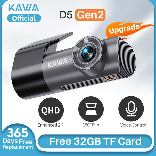 KAWA Dashcam D5 Gen2 Auto-Videorecorder in 2K mit WLAN, App- und Sprachsteuerung sowie Nachtsicht, Schwarz - Bild 1