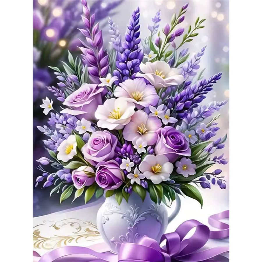 YUTTEE Diamond Painting Wandkunst mit Rosenblumen und Vase als DIY Mosaik Stickerei in runder Ausführung - Bild 3