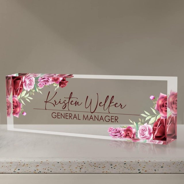 Personalisiertes Acryl-Schreibtisch-Namensschild von Hello Young mit rosa Blumenmuster - Bild 1