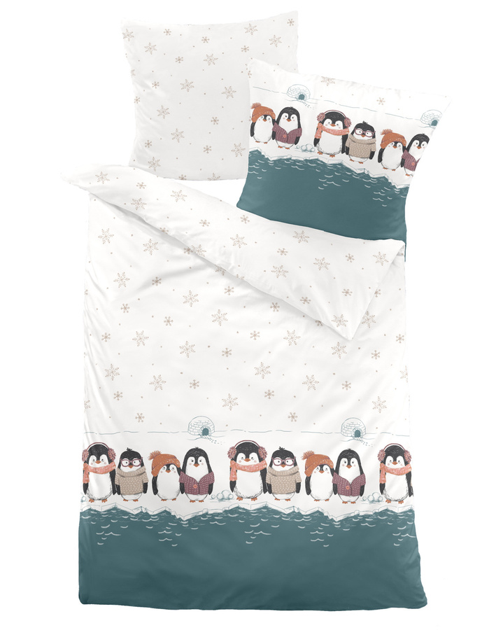 Dormisette Fein Biber Bettwäsche Pinguine Iglu Eiskristalle aus Baumwolle, petrol weiß, B/H: 155 x 220 cm mit Kissenbezug 80 x 80 cm - Bild 1