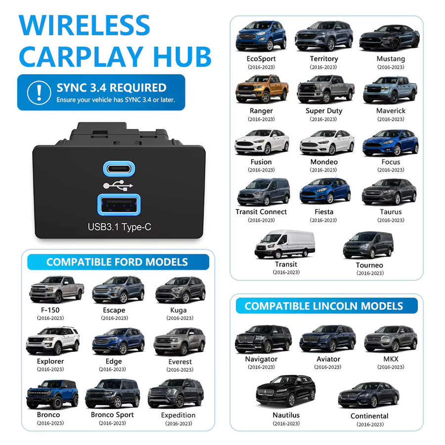 XUDA Wireless CarPlay und Android Auto Upgrade Modul mit 2 USB-C Anschlüssen für Ford und Lincoln Modelle in Schwarz - Bild 3
