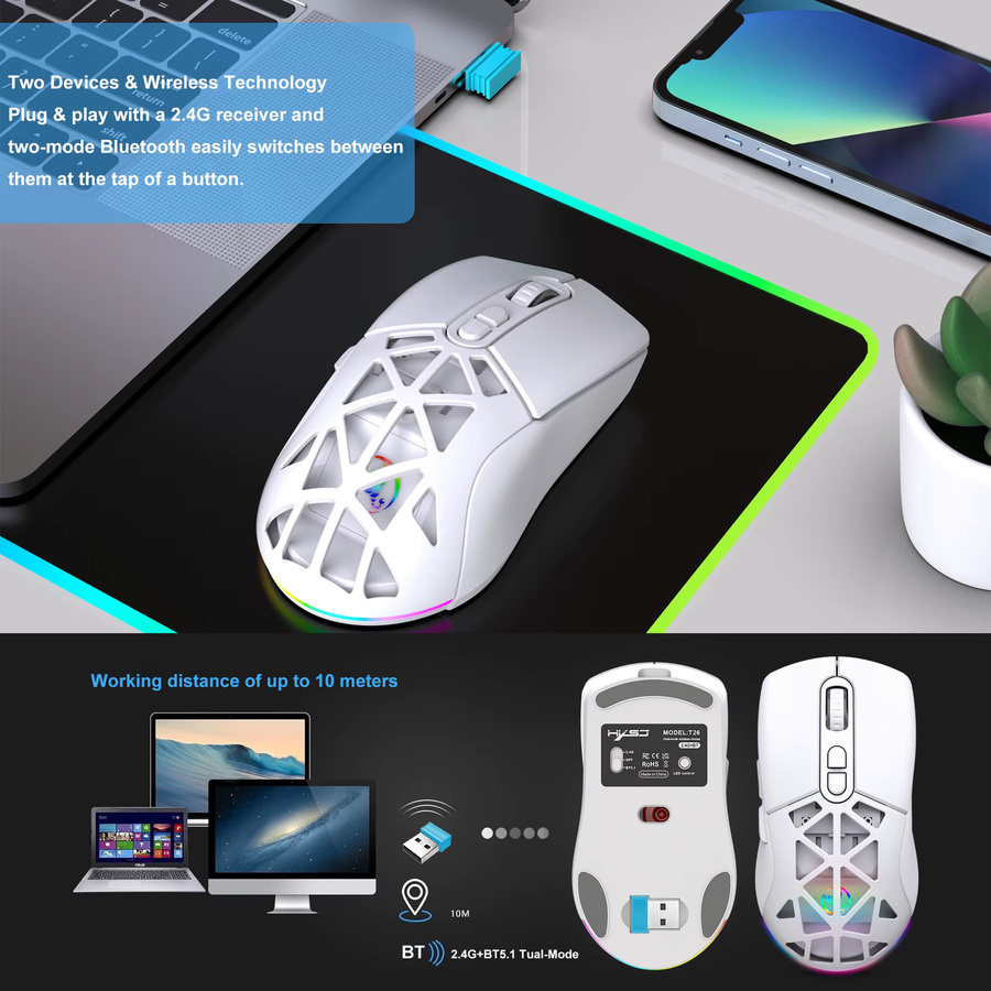 HXSJ Kabellose Gaming-Maus in Weiß mit Tri-Mode Verbindung, ergonomische Bluetooth und USB-C wiederaufladbare leise Maus für PC und Laptop - Bild 2