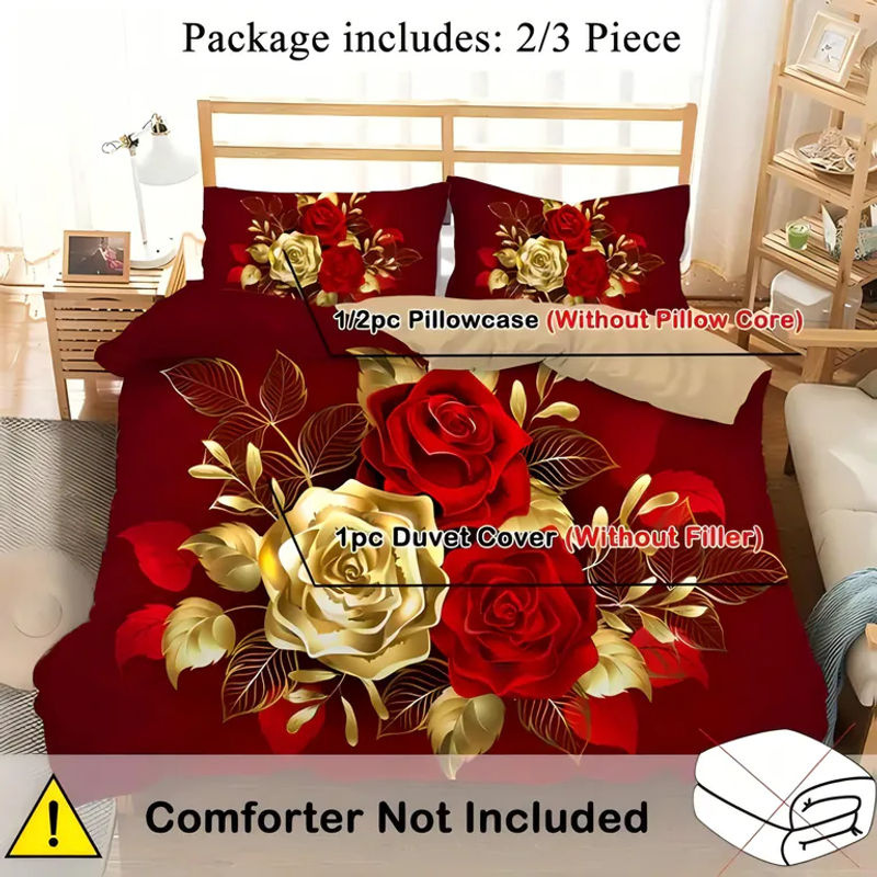 JMG Household Supplies Bettwäsche-Set mit floralem Rosenmuster in Gold, bestehend aus 1 Bettbezug und 2 Kissenbezügen, B/T/H: 135 x 200 cm - Bild 5