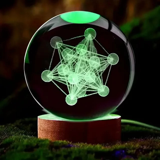 Metatron 3D-Lasergravur Kristallkugel-Nachtlicht aus transparentem Glas mit Holzsockel - Bild 1