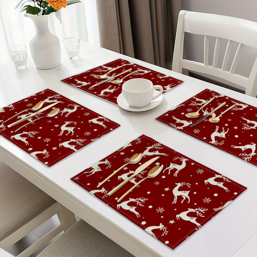 VIKAMA 4er Set Weihnachts Tischsets aus Leinen mit Rentier und Schneeflocken Motiv in Rot - Bild 4
