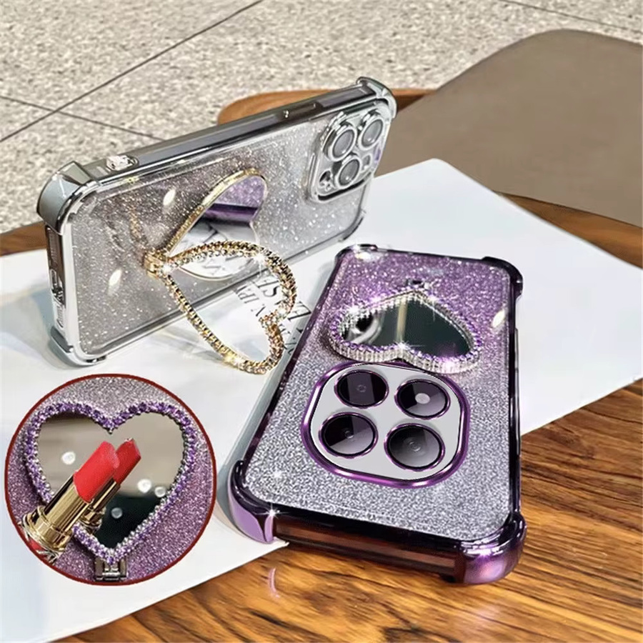 Stoßfeste Silikon-Handyhülle mit Glitzer-Herz-Spiegelhalter für Samsung Galaxy S26 S25 S24 S23 S22 S21 Plus FE Ultra Edge in Lila - Bild 1
