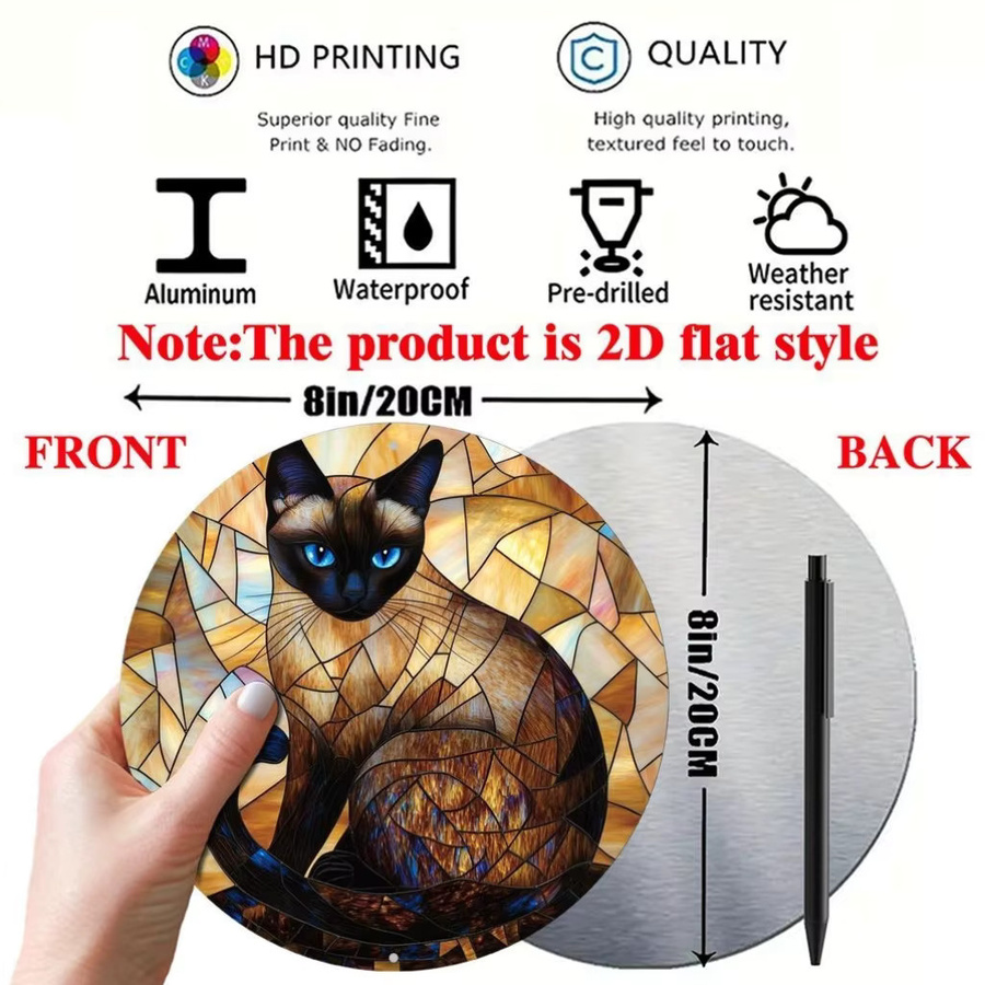 Potdemiel Vintage Siamesische Katze Wandkunst aus Metall, rundes Aluminium-Schild in Multicolour, Durchmesser: 20 cm - Bild 3