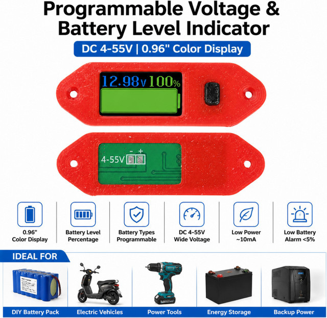 Gaqqee Programmierbares Voltmeter 0,96 Zoll in Rot für Elektrofahrzeuge und Batteriepakete (4–55 V) - Bild 1