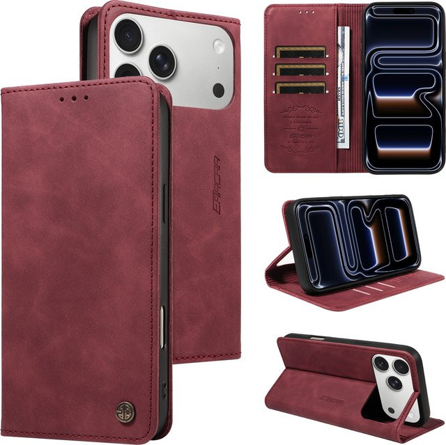 Stoßfeste Leder-Handyhülle für Apple iPhone mit magnetischem Druckknopf in Beige oder Rot - Bild 1