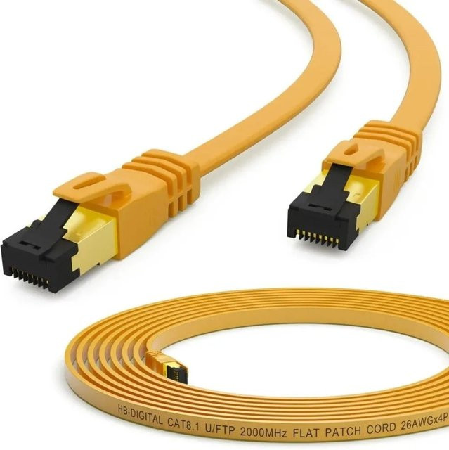 hb-digital Patchkabel CAT 8.1 Flach RJ45 U/FTP Ethernet LAN Kabel aus reinem Kupfer, Länge: 5 m, Farbe: Gelb - Bild 1