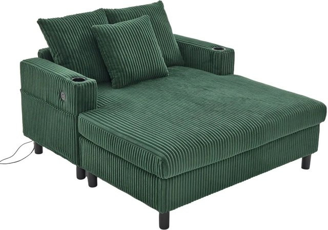 PXloue Schlafsessel Relaxsessel aus Corduroy in Grün mit LED, USB und Getränkehalter sowie Massivholzrahmen - Bild 1
