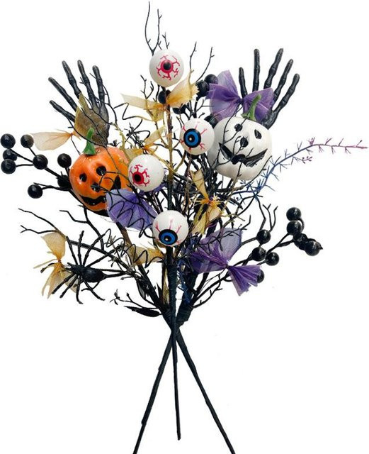 WIKHOSTAR Halloween Horror Kürbis Blumenzweig aus Kunststoff in Schwarz, Orange, Lila und Weiß zur Dekoration - Bild 1
