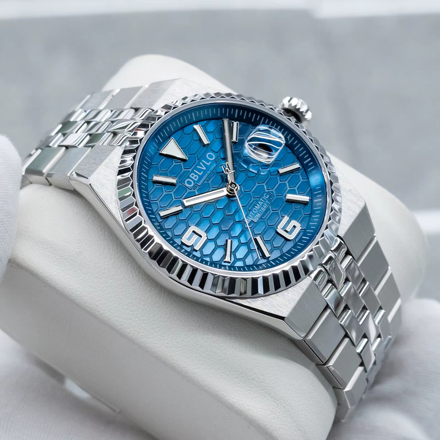OBLVLO Armbanduhr Automatik, blaues Zifferblatt, Edelstahl, Herren - Bild 2