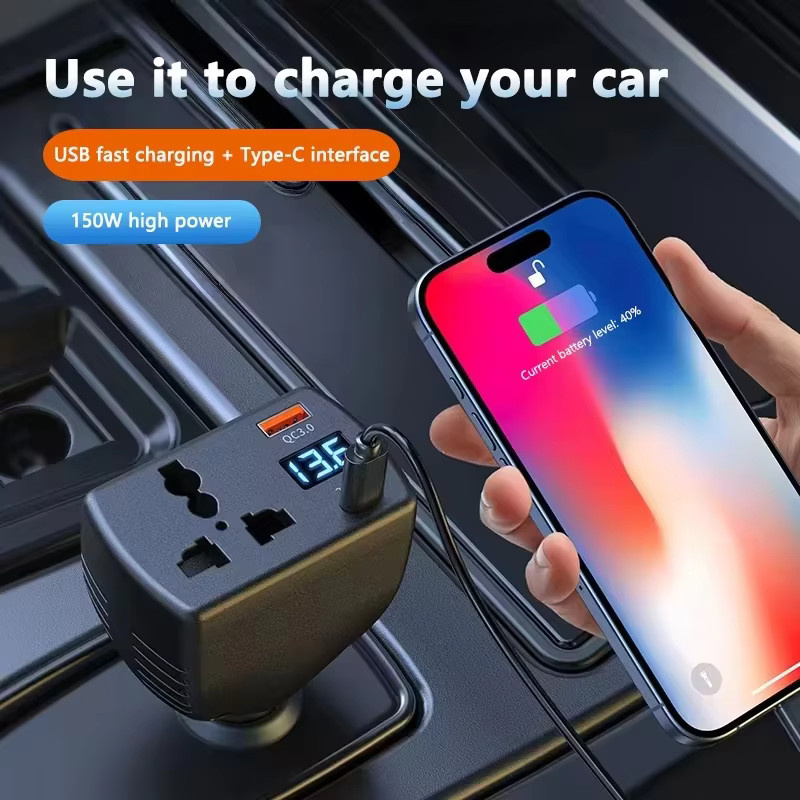 kebidumei Wechselrichter Auto-Stromadapter 150W mit Display und USB-C Ladegerät, DC 12V 24V zu AC 220V, Schwarz - Bild 2