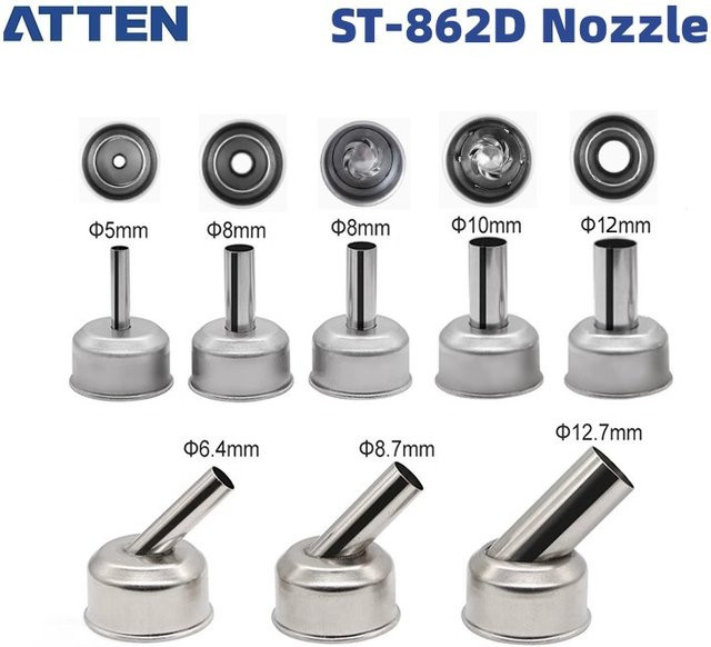 Atten ST-862D Heißluftpistole Düsen-Kit mit gebogenen Luftdüsen in Silber, Durchmesser: 5 mm, 6,4 mm, 8 mm, 8,7 mm, 10 mm und 12 mm - Bild 1
