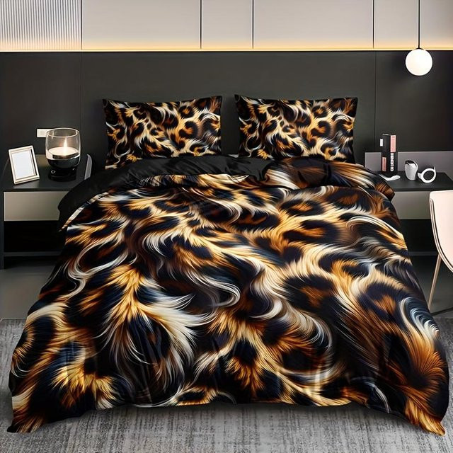 3-teiliges Bettwäsche-Set mit Leopardenmuster in Braun, 3D-Digitaldruck aus weicher Mikrofaser, B/H: 135 x 200 cm - Bild 1