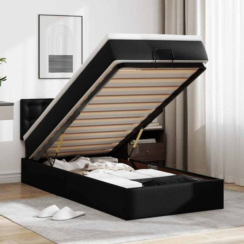 vidaxl Ottoman Polsterbett mit Matratze und LED in Schwarz aus Kunstleder B/T/H: 90 x 190 x 88 cm - Bild 1