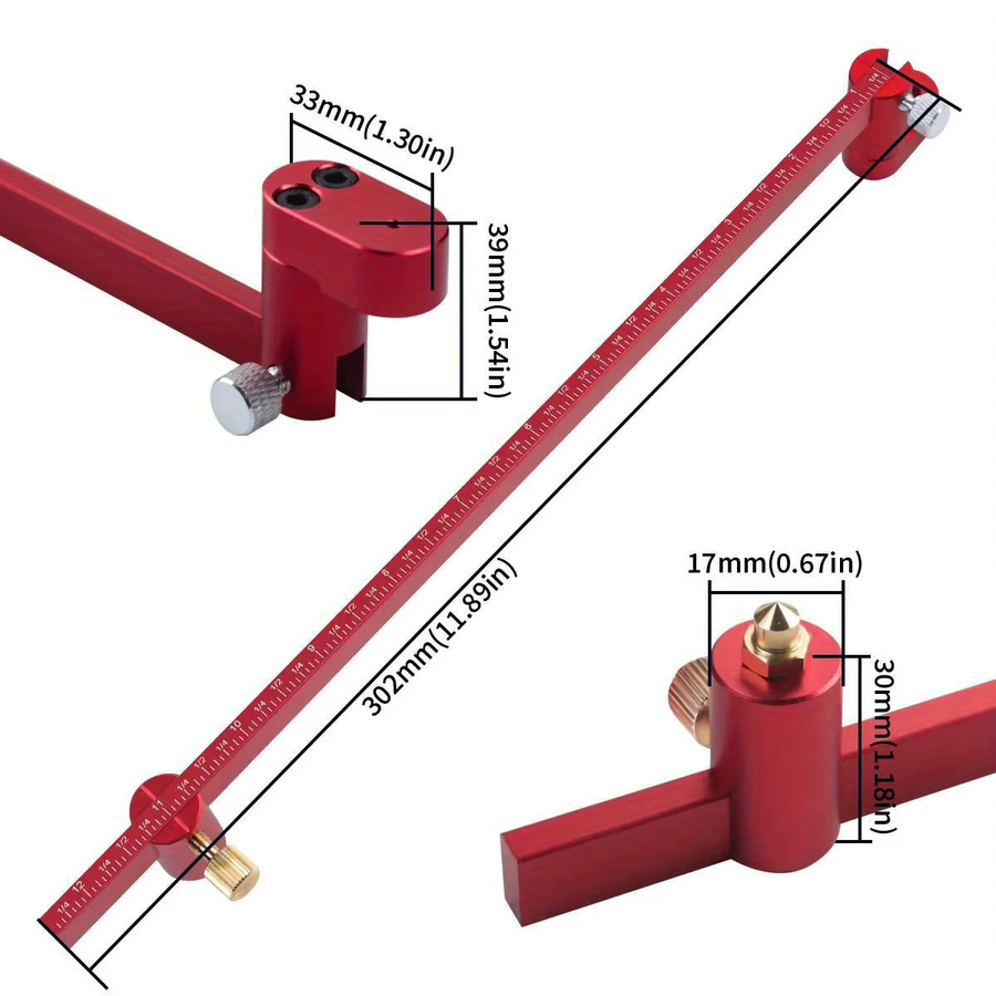 Einstellbares Zeichenkreis-Lineal aus Aluminium in Rot für die Holzbearbeitung - Bild 3