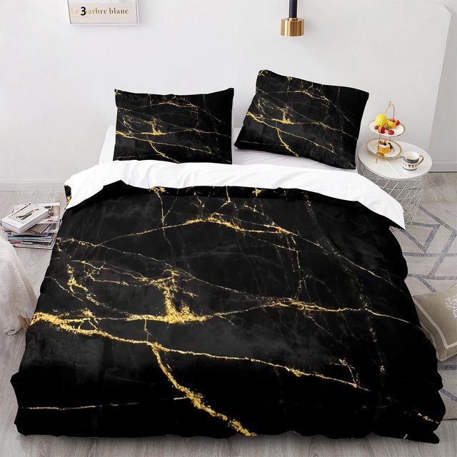Bettwäsche-Set mit abstraktem Marmormuster von Binchi Outdoor Product in Weiß, Gold und Schwarz aus Polyester, B/H: 264 x 228 cm - Bild 1