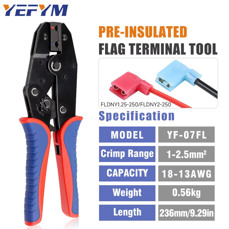 YEFYM Crimpzange YF-07FL für Flaggenklemmen FLDNY1.25/2 und rechtwinklige vorisolierte Flachstecker, geeignet für 18–13 AWG (1–2,5 mm2) - Bild 2