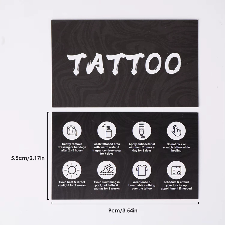 Doppelseitige Tattoo Pflege Lehrkarten aus mattem Papier in Schwarz, B/H: 5,5 x 9 cm, 50 Stück - Bild 4
