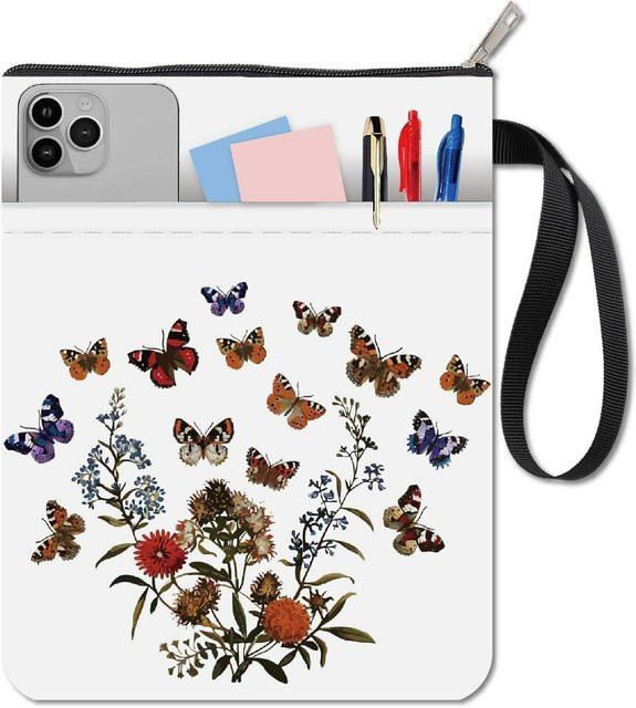 Waschbare Stoff-Buchhülle mit Schmetterlings- und Blumenmuster sowie Vordertasche in Multicolour, B/H: 11 x 8,7 cm - Bild 1