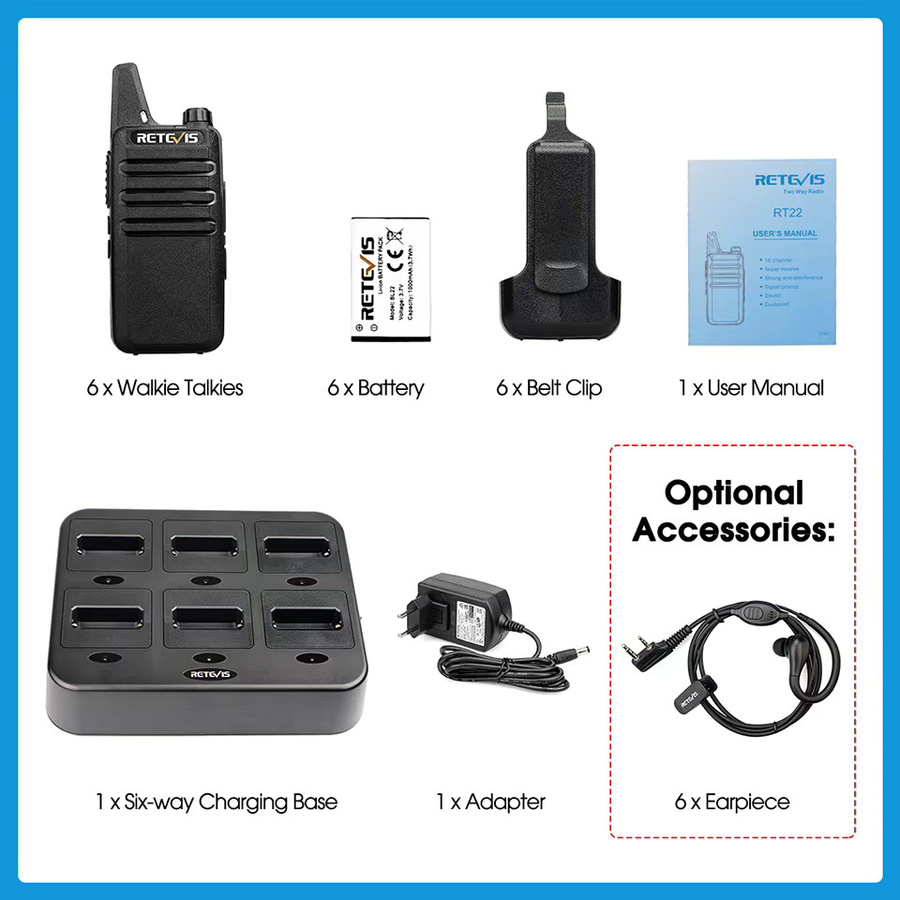 Retevis RT622 Walkie Talkie Set 6-teilig in Schwarz mit 6-Wege-Multi-Gang-Ladegerät für Hotel und Restaurant - Bild 4