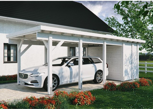 Kiehn-Holz Geräteraum für Einzelcarport KH 320 aus Holz in Weiß, abschließbar, H: 174 cm x B: 299 cm - Bild 1