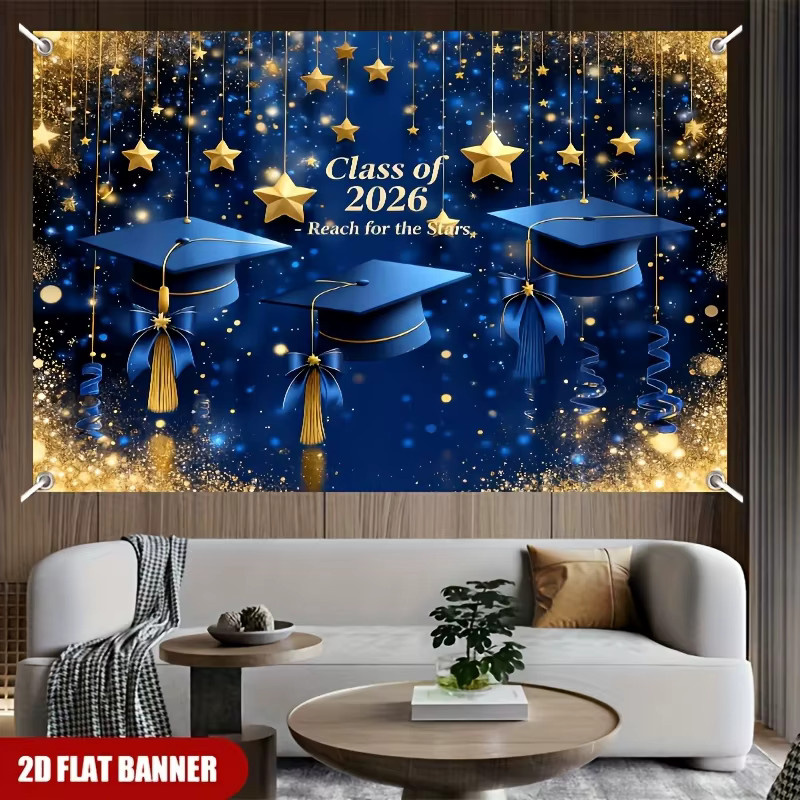 VIKAMA Abschlussfeier Wandteppich Jahrgang 2026 Banner Fotokulisse Blau mit Sternen und abstraktem Design - Bild 2