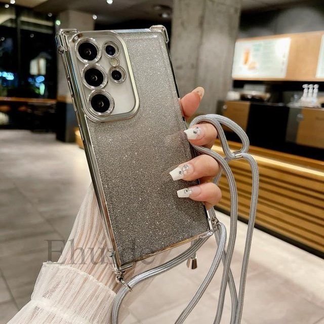 Stoßfeste Samsung Galaxy Hülle mit Glitzer-Effekt und Crossbody-Kordel in Braun - Bild 1