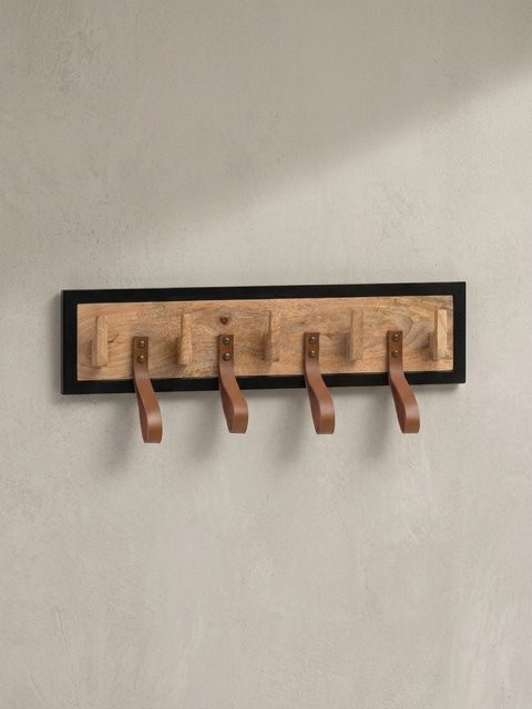 Wandgarderobe KADIMA DESIGN aus Mango Massivholz mit Echtleder-Schlaufen in Schwarz oder Braun, B/H/T: 60 x 15 x 6 cm - Bild 1