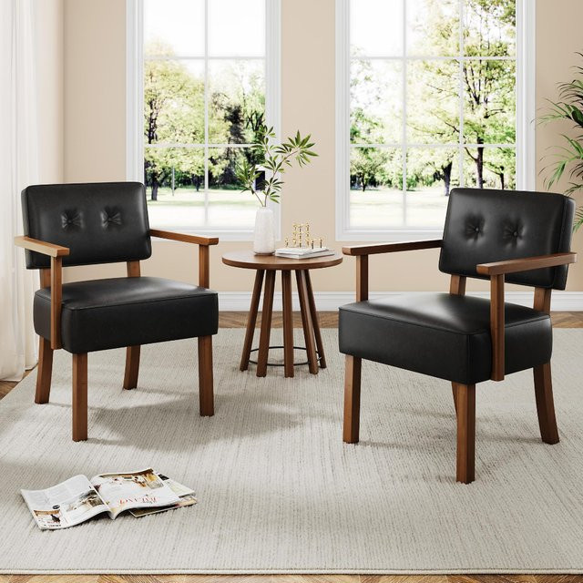 Garvee Mid-Century Akzent-Sessel mit Holzrahmen und PU-Lederbezug in Grau - Bild 1