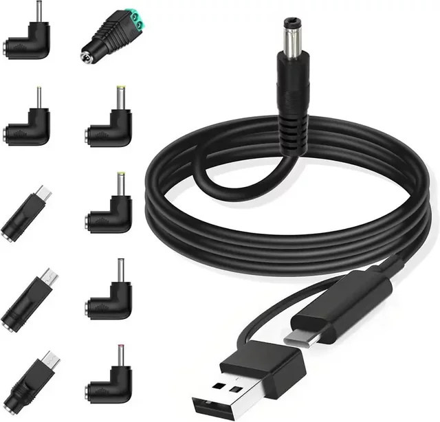 USB auf Typ C auf DC-Stromkabel mit 10 DC-Stecker-Adaptern in Schwarz für Bluetooth-Lautsprecher, Telefone, LED-Streifen und Mini-Lüfter, 5 V - Bild 1
