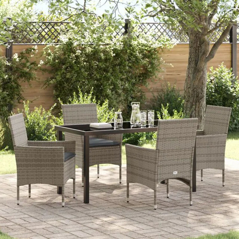 vidaXL Garten Essgruppe aus Poly Rattan mit Kissen und Glastisch in Grau - Bild 1