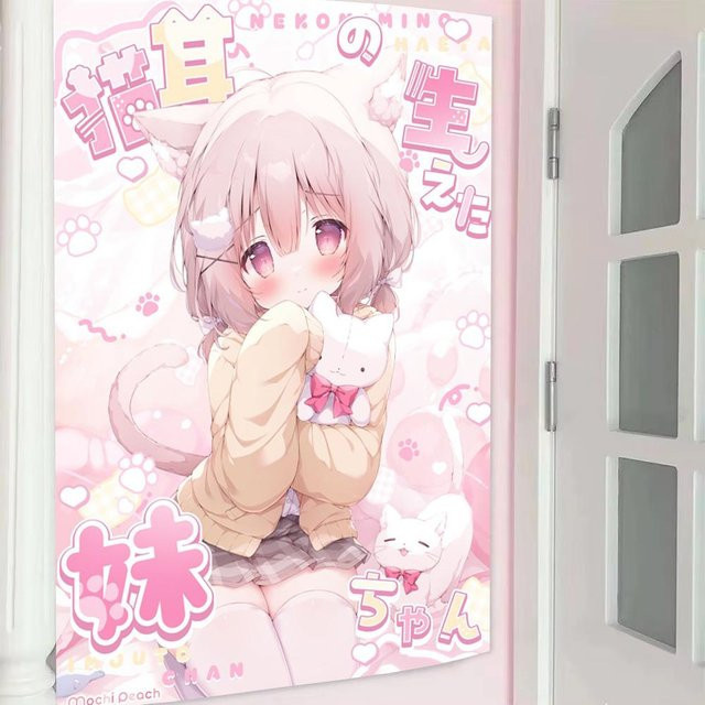 Kawaii Anime Wandteppich mit Katzenohren-Mädchen in Pink von JMG Household Supplies, Breite: 40 cm, Höhe: 60 cm - Bild 1