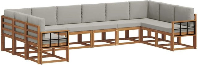 vidaXL Outdoor-Sofagarnitur aus Akazienholz in L-Form mit 10-teiligem Set, Farbe Natur und Hellgrau - Bild 1
