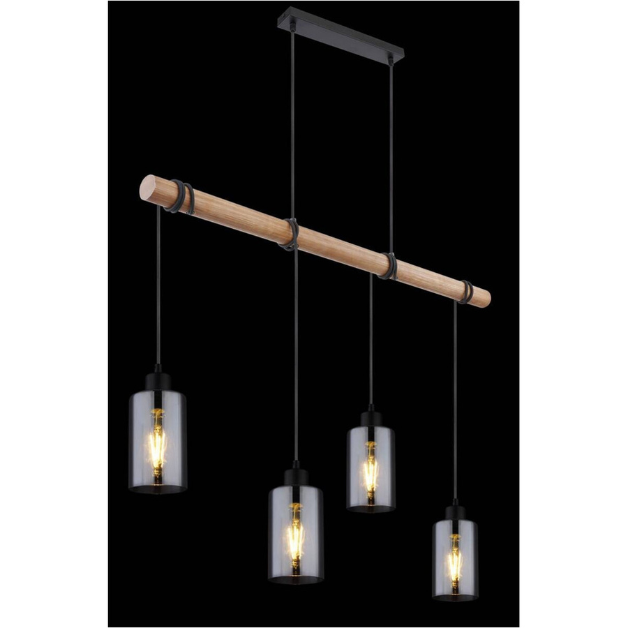 Globo Lighting Pendelleuchte Hadera 4-flammig aus Metall und Holz mit Rauchglas in Schwarz und Natur, B/H/T: 98 x 130 x 15 cm - Bild 2