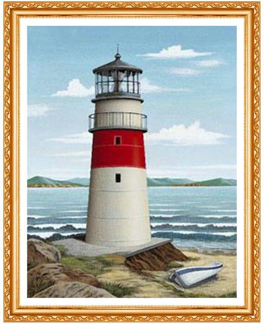 FIYO Diamant-Stickerei Leuchtturm am Meer als modernes Diamant-Gemälde in Multicolor, Breite: 30 cm, Höhe: 20 cm - Bild 1