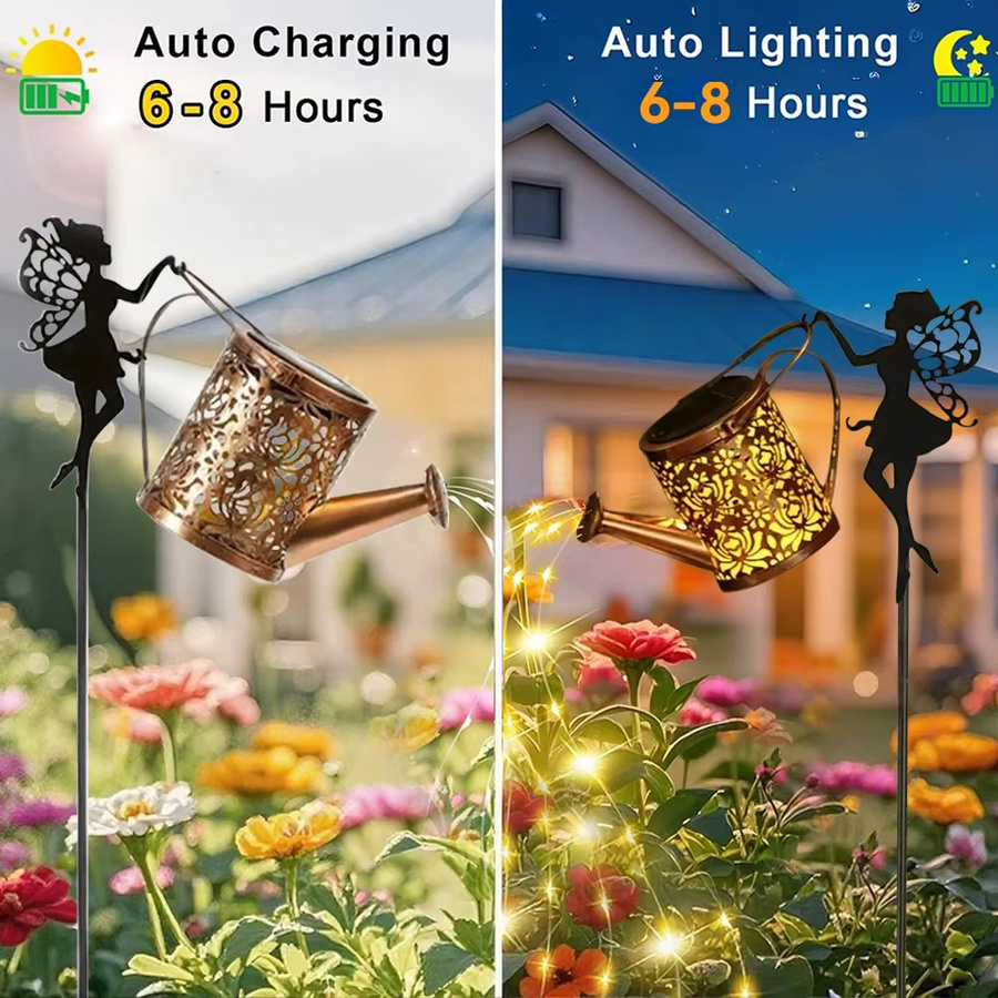 Leclstar 2er Set Solarbetriebene Feenwasserkanne-Lampen in Gold mit Rosen-Lichterkette für Garten und Außenbereich - Bild 3