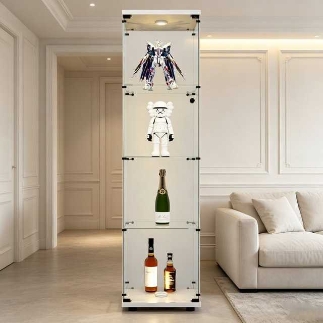 Anajqaqia 4-stufige Glas-Vitrine in Weiß, abschließbare und staubdichte Vertikalvitrine mit gehärteten Glaspaneelen, freistehendes Aufbewahrungsregal für Sammlerstücke und Wohnzimmerdekoration - Bild 1