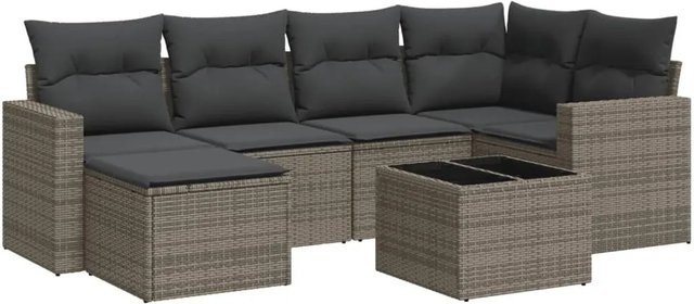 vidaXL 7-teilige Garten-Sofagarnitur in L-Form aus grauem Poly-Rattan mit wetterfesten Kissen und pulverbeschichtetem Stahlgestell - Bild 1