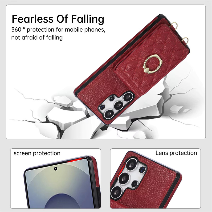 Leder Lanyard Handyhülle mit Wallet Card für Samsung Galaxy S25 S24 S23 S26 Ultra S22 Plus S21 FE S20 Note 20 Ring Flip Cover in Schwarz und Rot - Bild 4